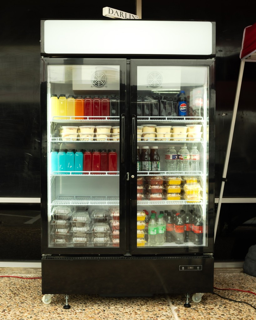 Chilled drinks, fresh juices, and desserts in the cooler
